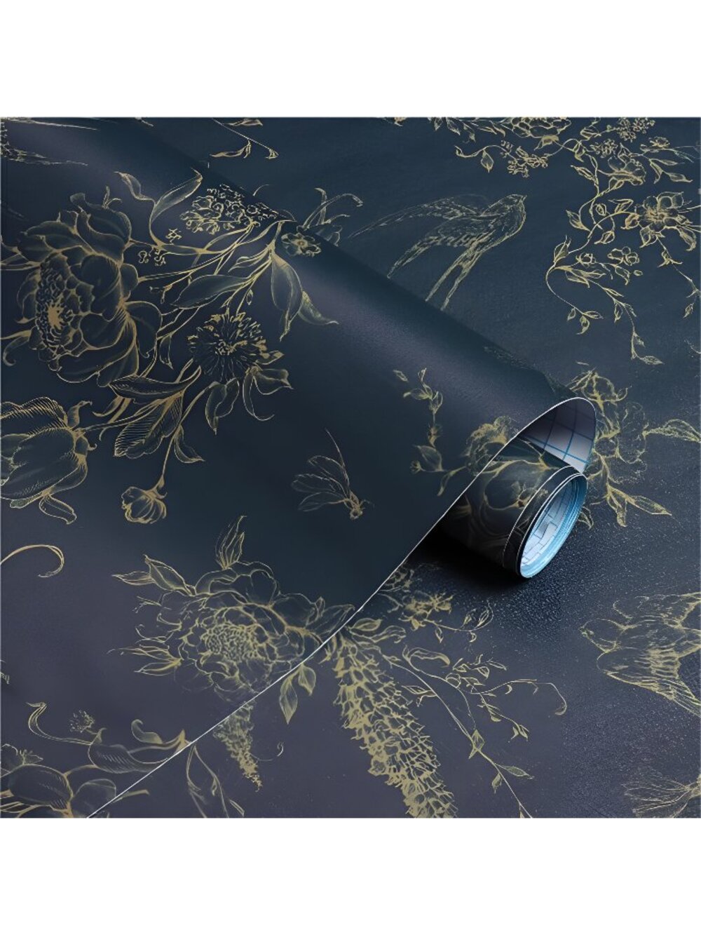 Floral Birds Wallpaper Peel and Stick Dark Blue Contact Paper 16.9”x